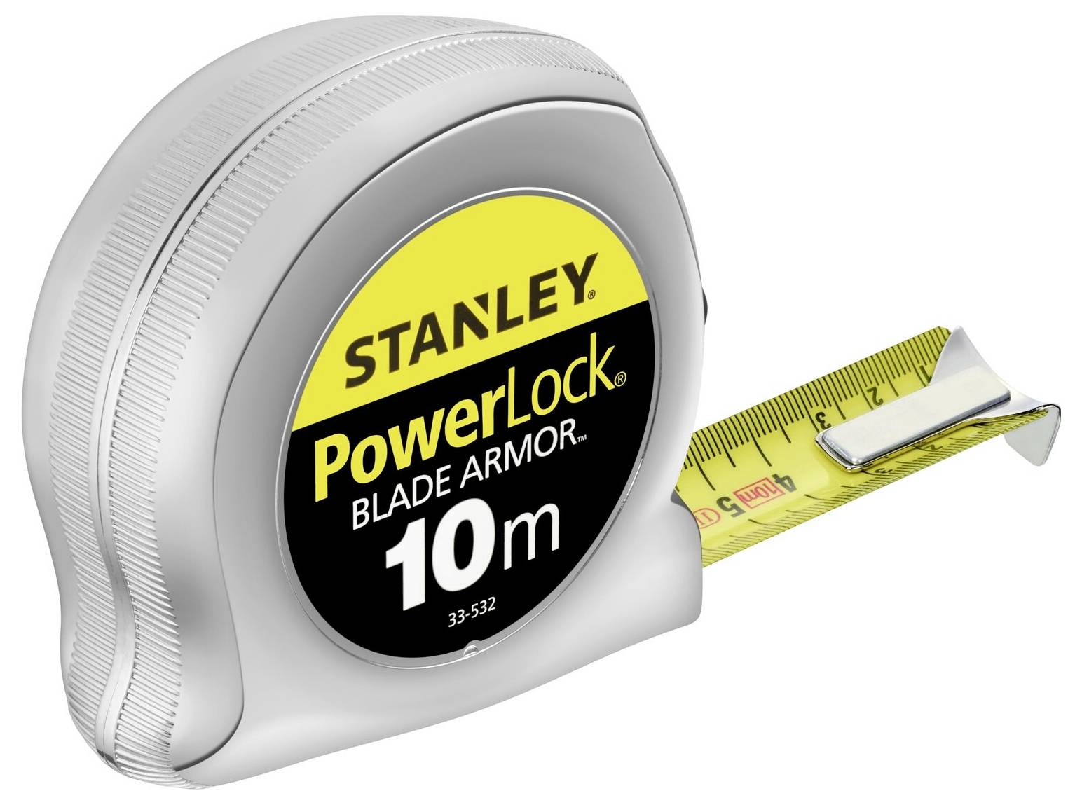 A silver-coloured measuring tape with a yellow 'Stanley PowerLock Blade Armor 10m' label, showing the extended measuring scale.