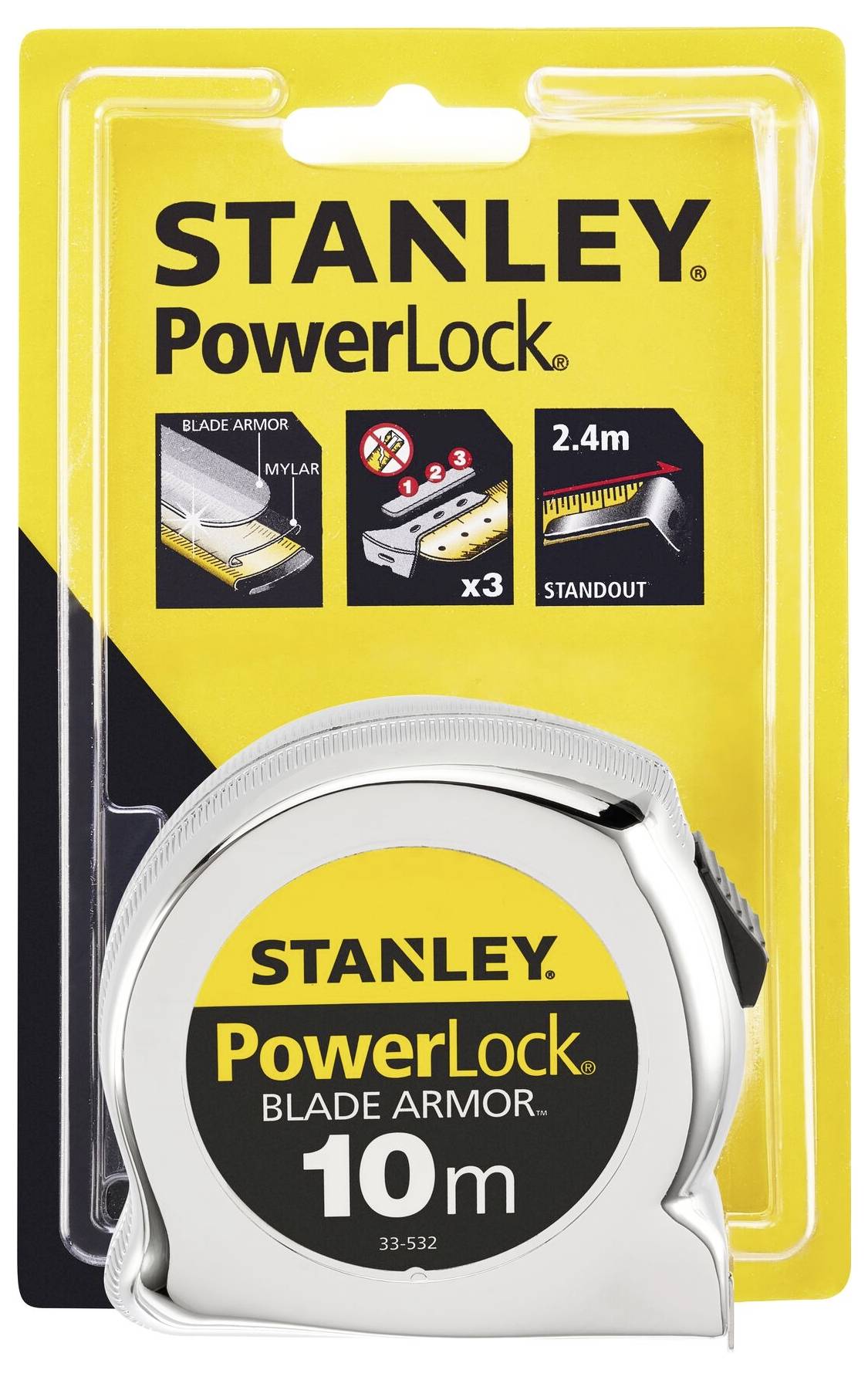 'Stanley PowerLock Tape Measure, 10 m length, robust casing, yellow and black packaging with product information and pictograms.'