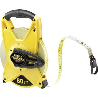 Yellow tape measure with handle and crank, length 60 metres; brand 'Stanley Fatmax'.