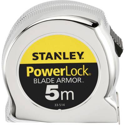 A tape measure with the inscription 'Stanley PowerLock Blade Armor 5m'. It is silver and indicates a maximum length of 5 metres.