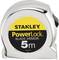 A tape measure with the inscription 'Stanley PowerLock Blade Armor 5m'. It is silver and indicates a maximum length of 5 metres.