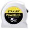 Tape measure with inscription 'Stanley PowerLock Blade Armor 5m, 33-514', silver casing, yellow and black label.