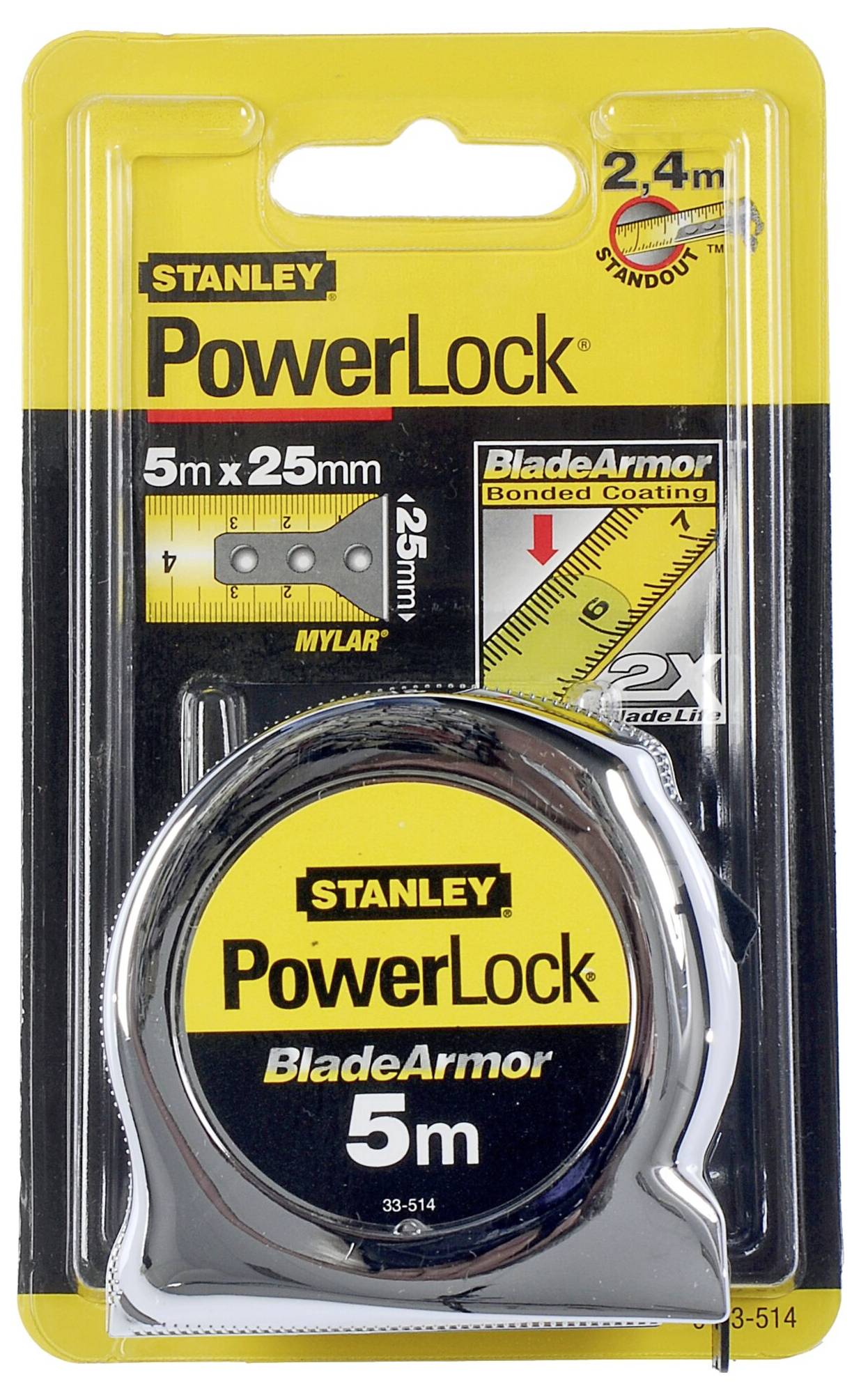 Tape measure in packaging, Stanley brand, PowerLock model, length 5m. Packaging highlights 'BladeArmor' coating and 2.4m reach.