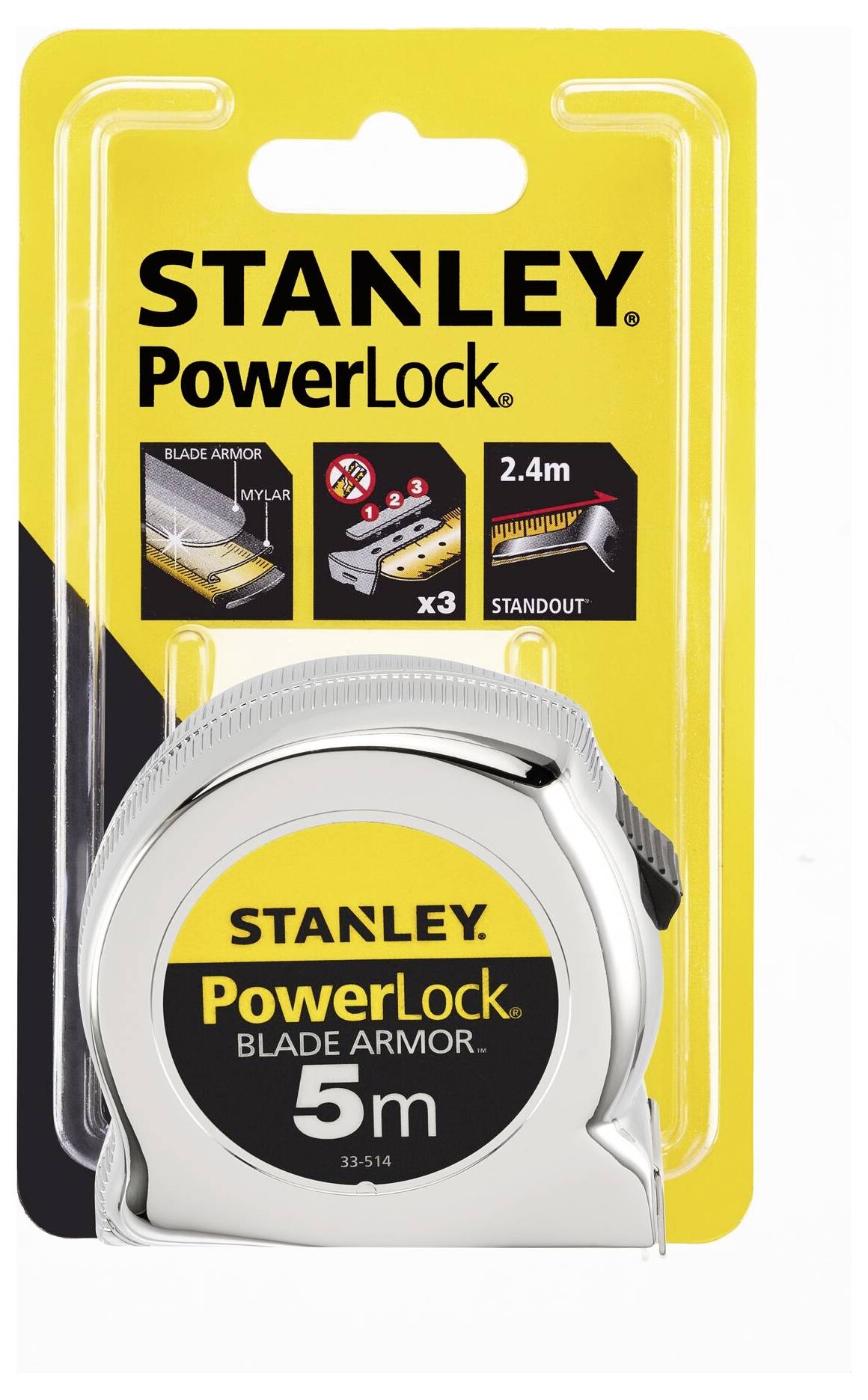 Stanley PowerLock tape measure with 5-metre length. Packaging displays 'Blade Armor' and 2.4m 'Standout' feature.