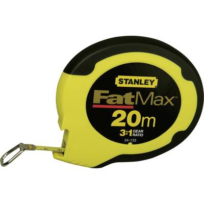 A yellow and black 'Stanley FatMax' tape measure, extended to 20 metres, with a 3:1 gear ratio.