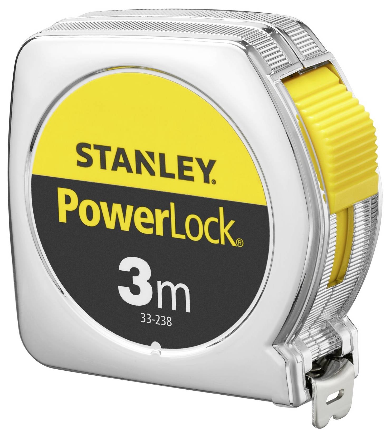 A silver measuring tape with a yellow handle. Print: 'STANLEY PowerLock 3m'.