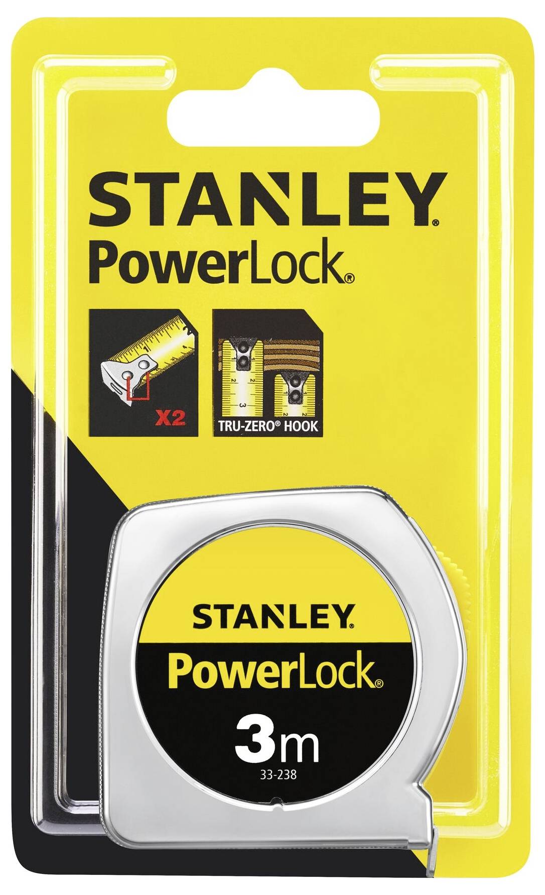 Packaging for a Stanley PowerLock tape measure, 3 metres in length, with a yellow background and illustrations demonstrating the double hook function.