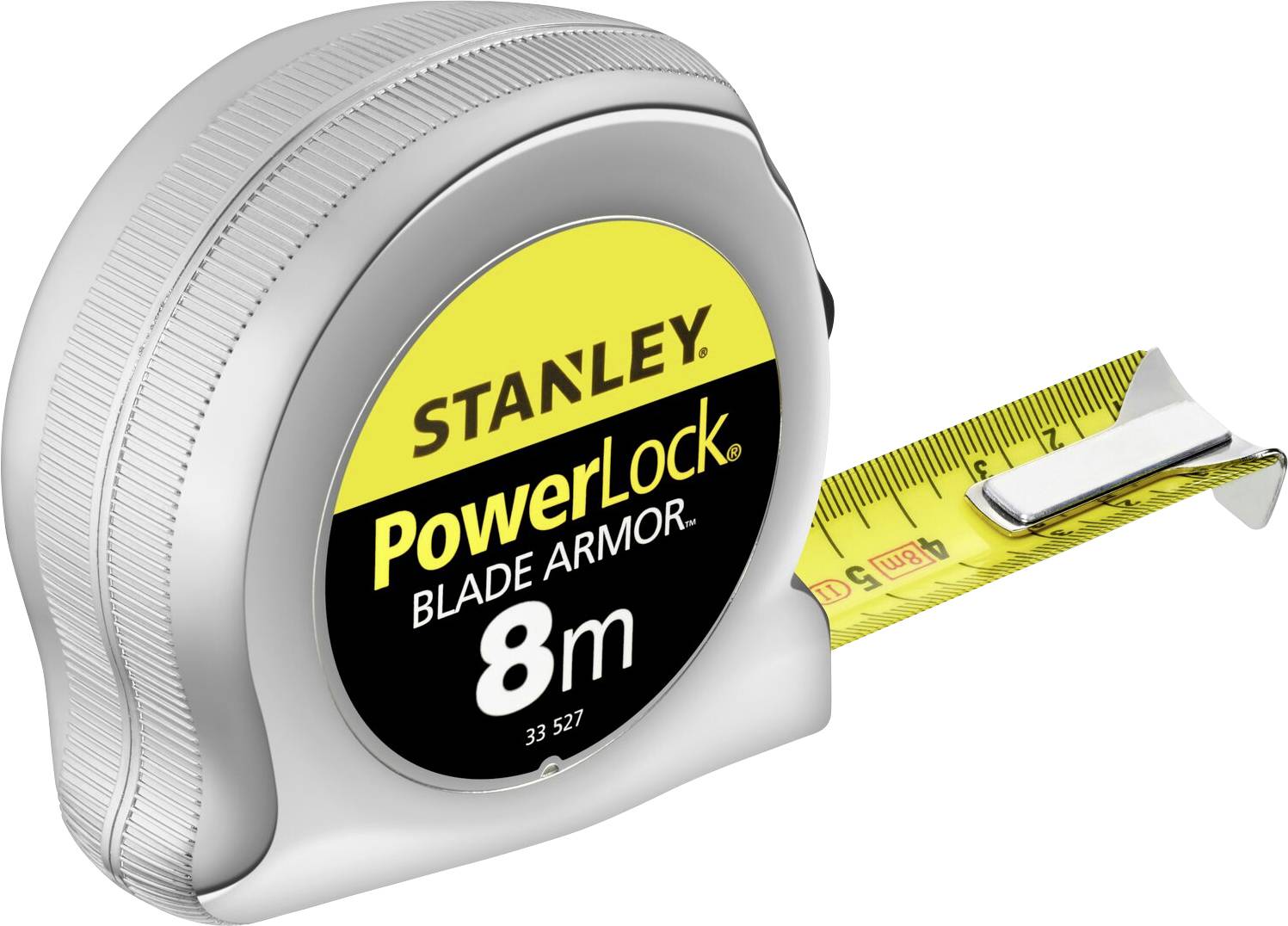 A tape measure with a silver casing and yellow tape. It displays the brand 'Stanley' and the designation 'PowerLock Blade Armor 8m'.