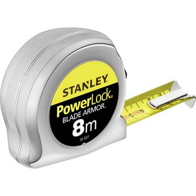 A tape measure with a silver casing and yellow tape. It displays the brand 'Stanley' and the designation 'PowerLock Blade Armor 8m'.