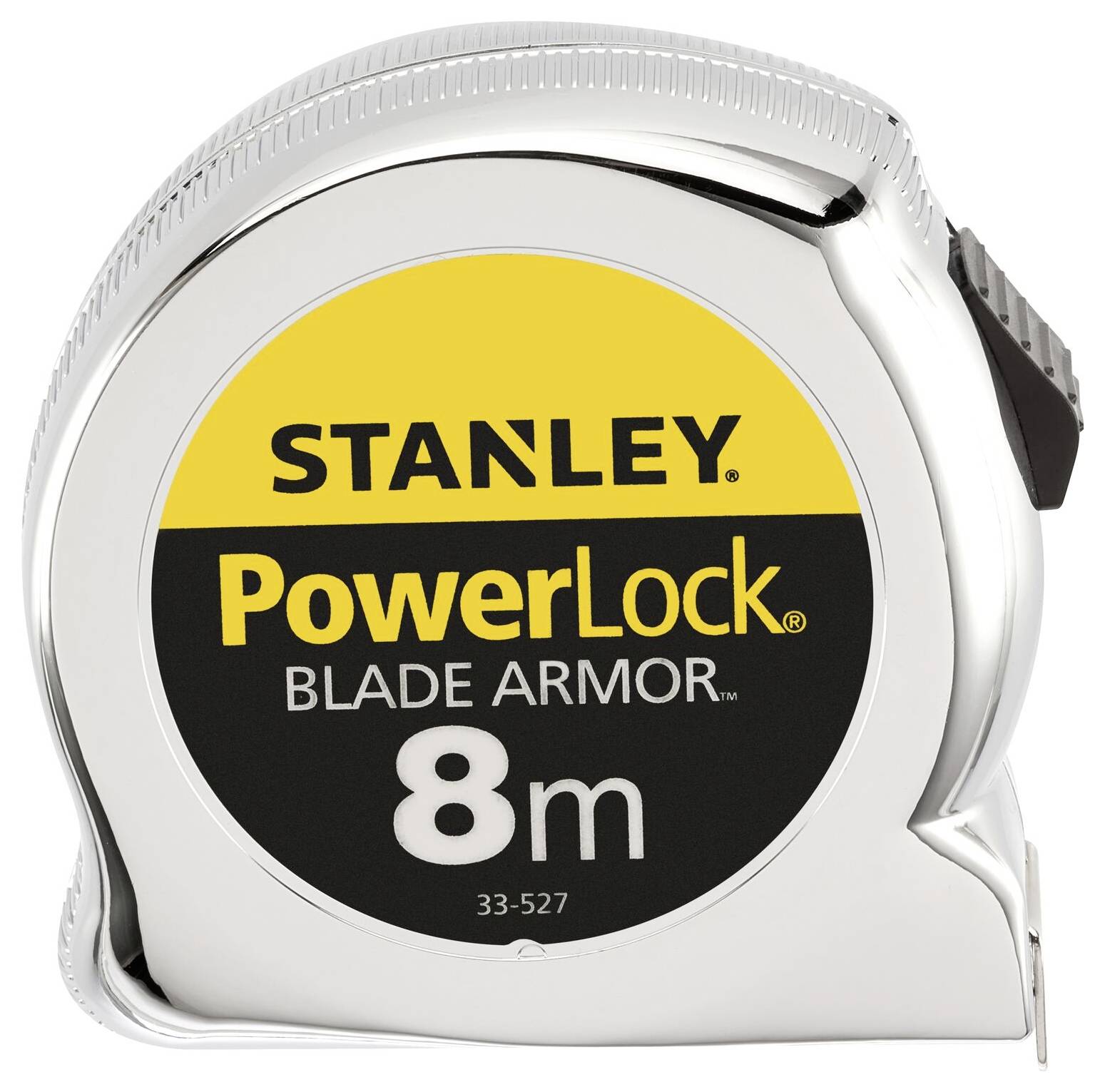 Stanley PowerLock Tape Measure in a silver casing with yellow and black printing. Length: 8 metres. Ideal for precise measurements.