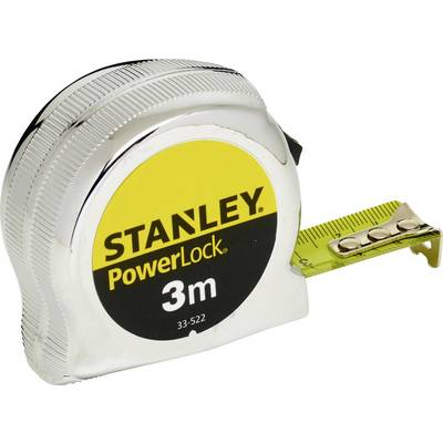 'A Stanley PowerLock measuring tape with 3 metres in length. The casing is silver, and the marking indicates the brand and length.'