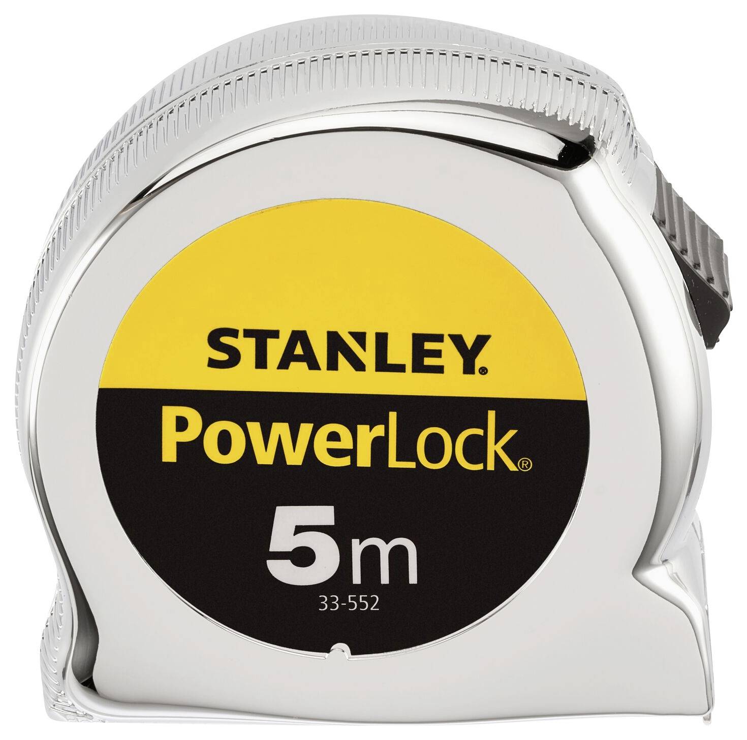 Silver measuring tape with yellow emblem, labelled 'STANLEY PowerLock 5m'.