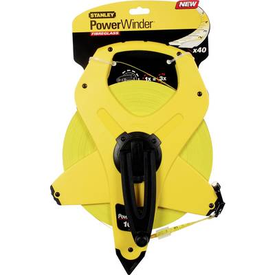 A yellow, flexible measuring tape by Stanley 'PowerWinder', 40 m long, in a yellow plastic casing with a black handle.