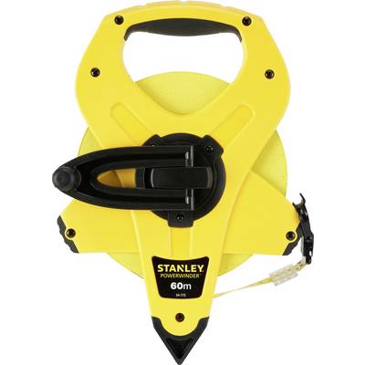 A yellow measuring tape with a black handle, bearing the inscription 'Stanley PowerWinder 60 m'.