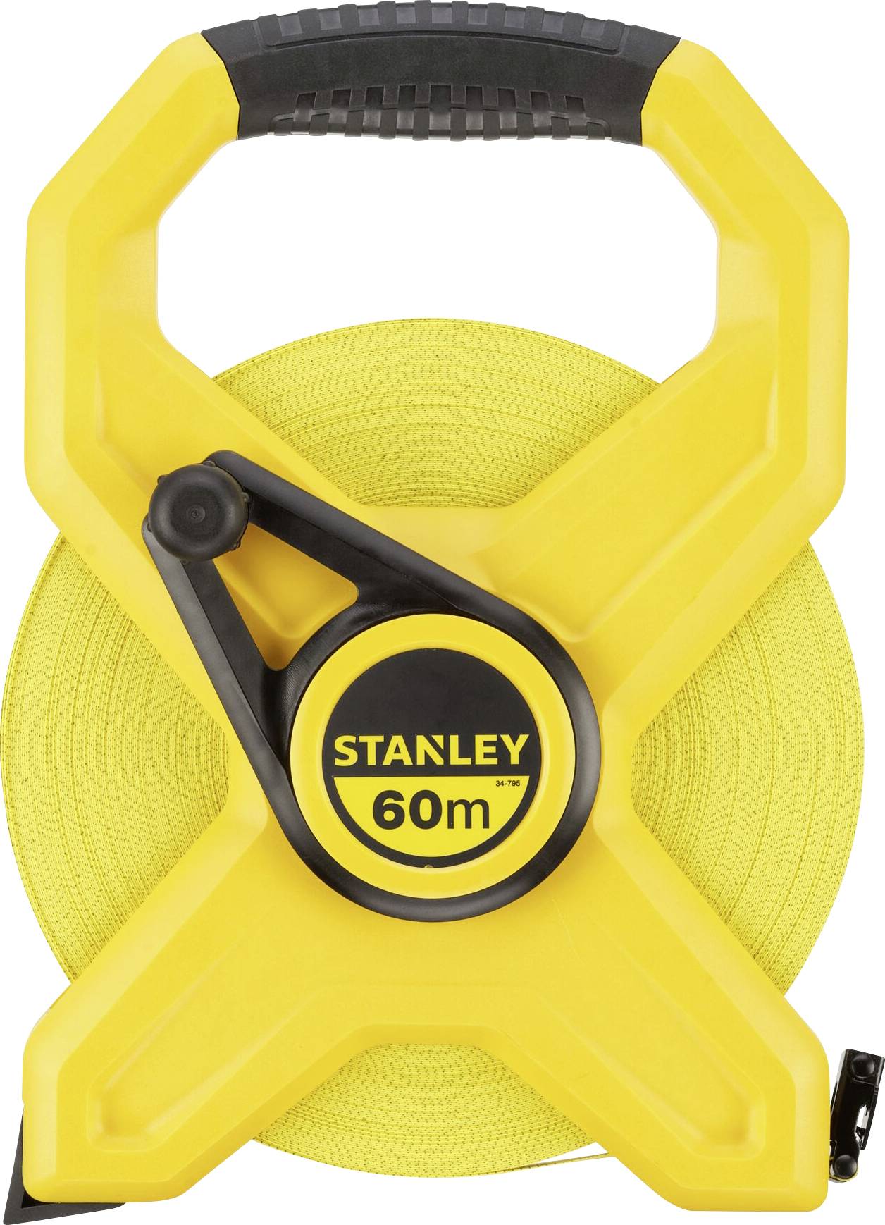 'Yellow Stanley tape measure with a length of 60 metres. In a robust black and yellow casing with an ergonomic handle.'