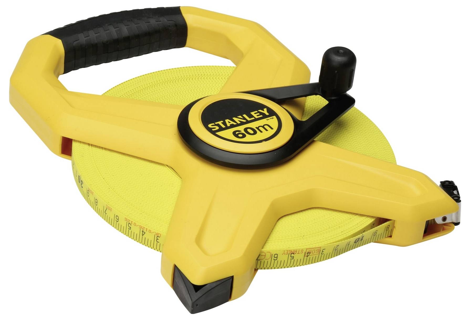 A yellow measuring tape with 60 m length, wound in a robust casing with a handle and crank, likely for construction or surveying work.