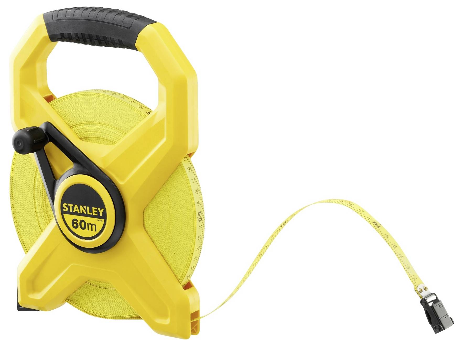 A yellow measuring tape with a handle and manual roll mechanism, 60 metres in length.
