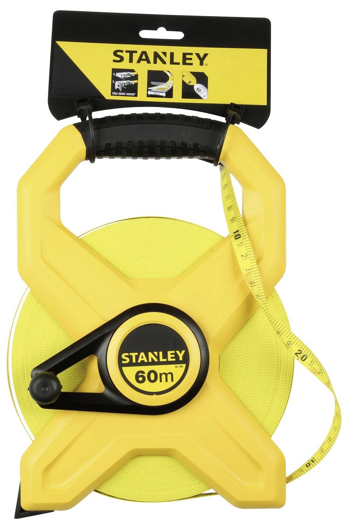 'Stanley 60m measuring tape in yellow casing with black handle, suitable for precise length measurements on building sites or in the garden.'