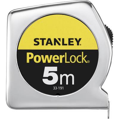 A silver tape measure with a yellow label displays the inscription 'STANLEY PowerLock 5m'.