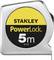 A silver tape measure with a yellow label displays the inscription 'STANLEY PowerLock 5m'.