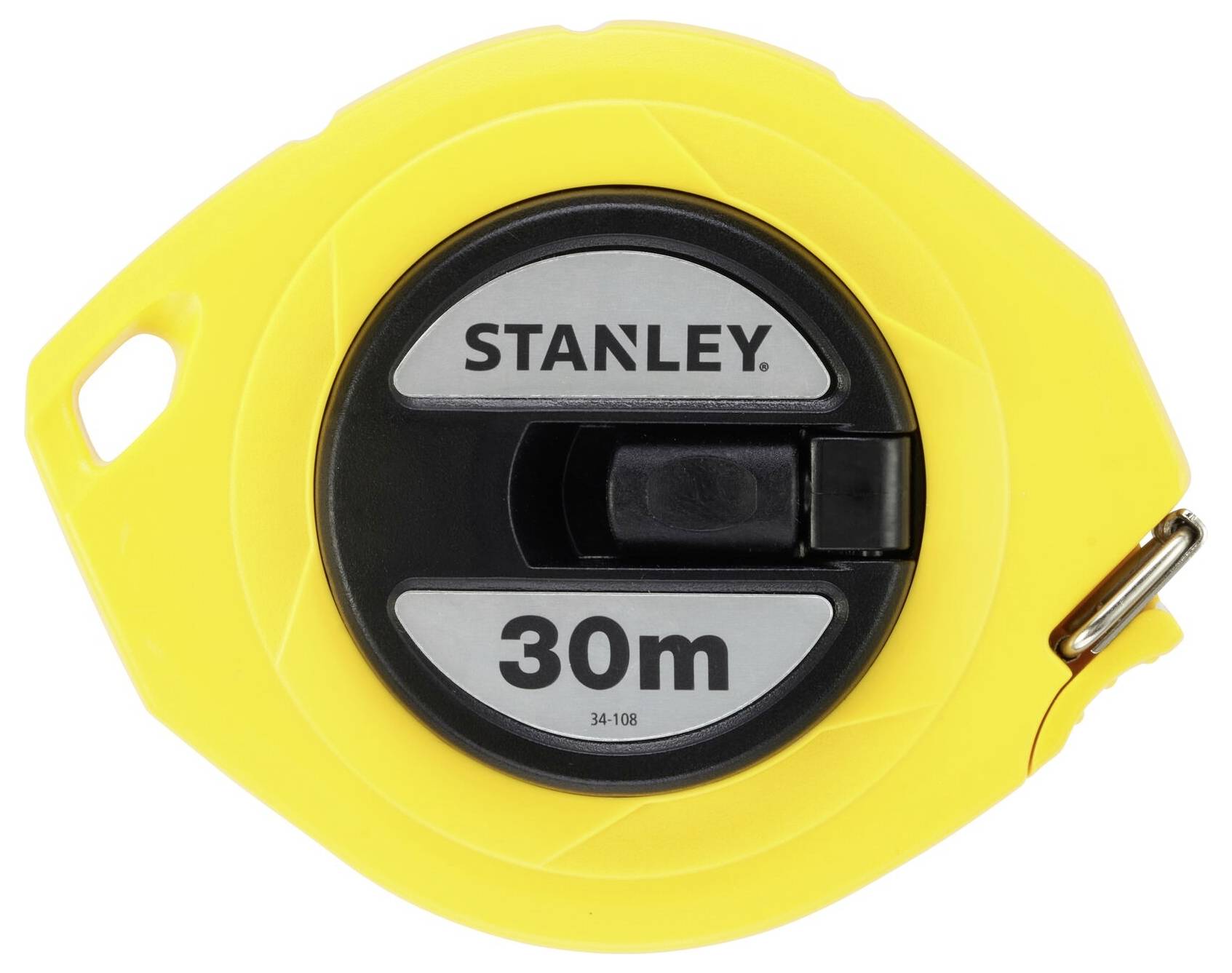 Yellow measuring tape with a black 'Stanley' and '30m' print. Designed for precise measurements up to 30 metres.