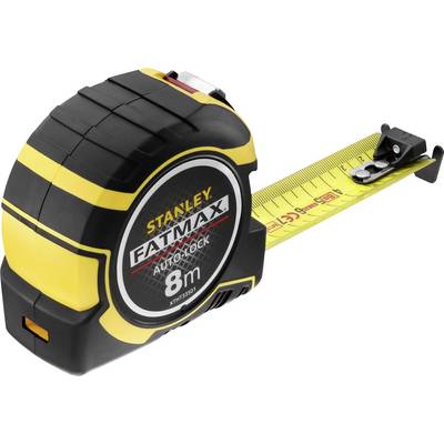 A tape measure with the label 'Stanley Fatmax Autolock'. It has a length of 8 metres and a yellow tape with black markings.