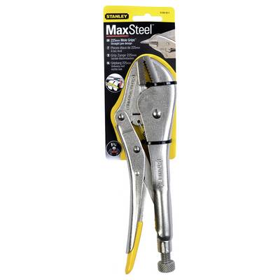Adjustable pliers 'Stanley MaxSteel' on a sales packaging, with non-slip grip and robust steel body.