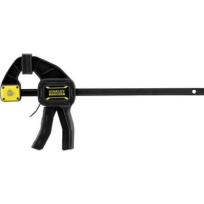 A black and yellow Stanley G-clamp with a lever handle for quick one-handed operation. Suitable for securing workpieces during woodworking.