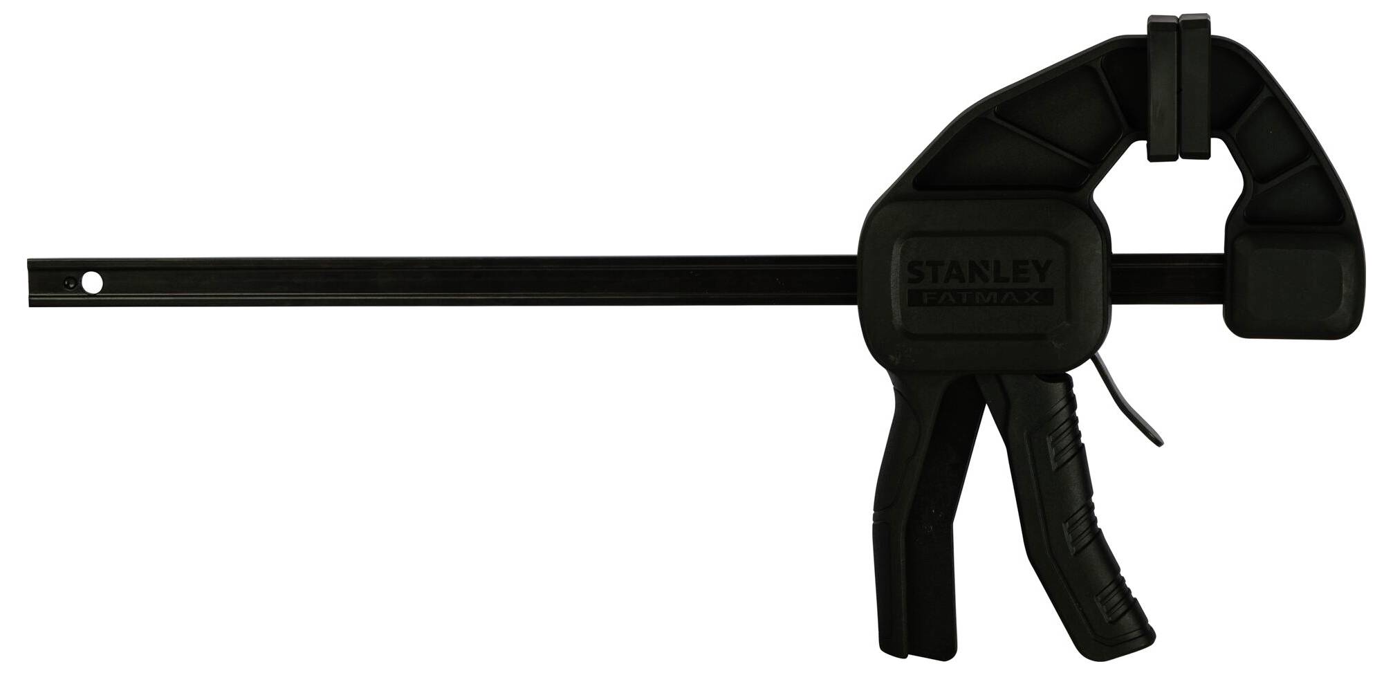 A black G-clamp with a long metal handle and plastic jaws for gripping materials.