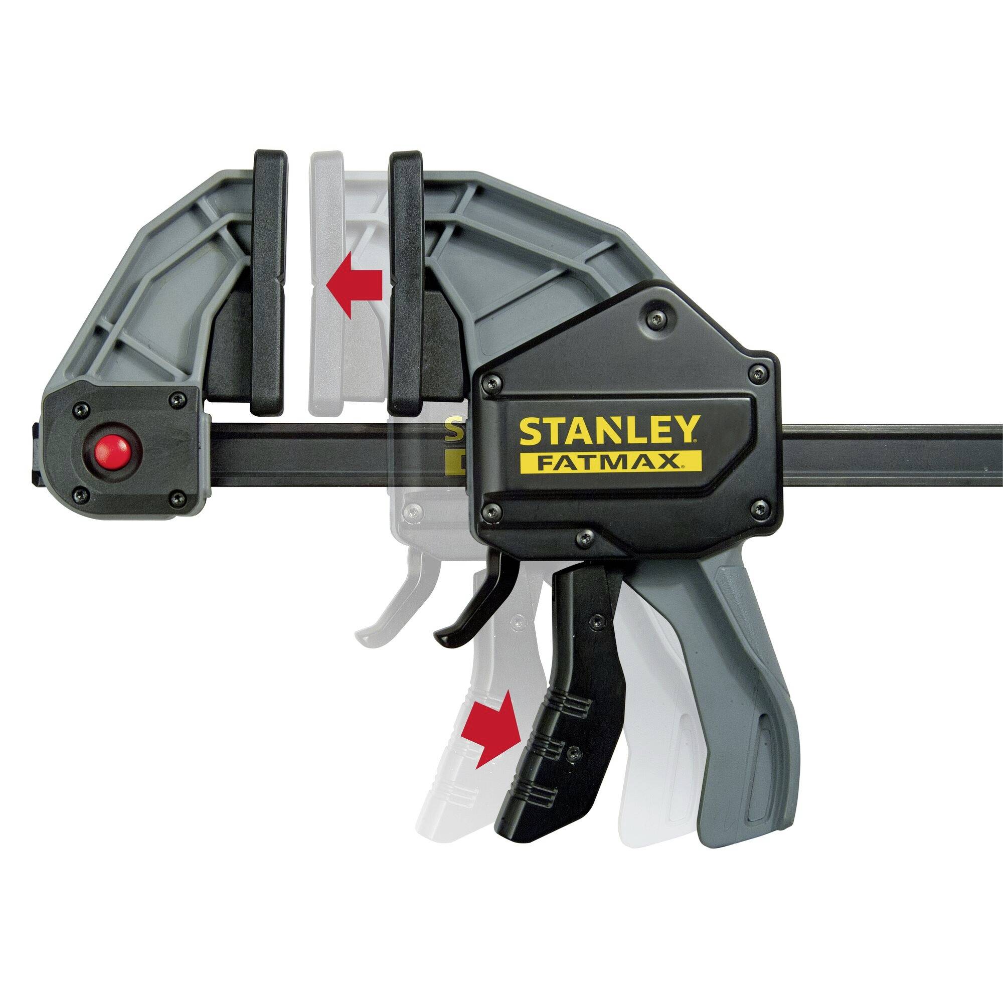 A grey G-clamp with an ergonomic handle and 'Stanley Fatmax' logo, used for clamping workpieces.
