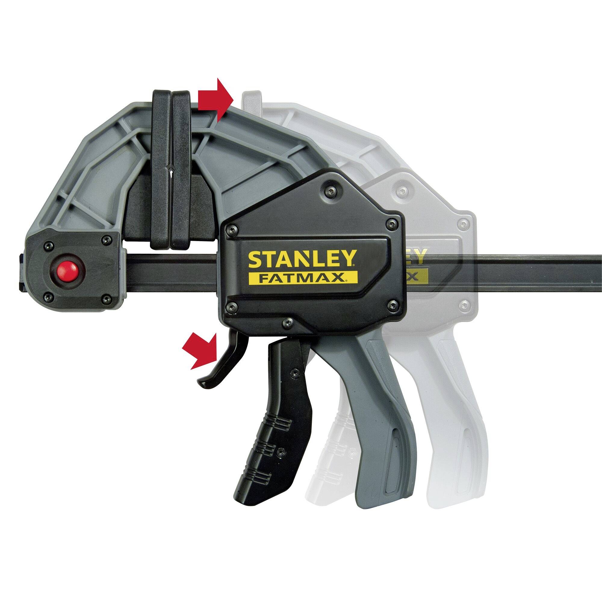 Stanley Fatmax hand tool G-clamp with ergonomic handle and trigger, showing method of use; arrows indicate direction of movement.
