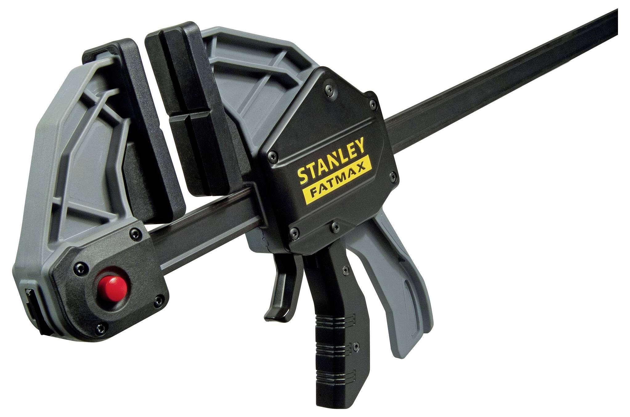 A Stanley Fatmax G-clamp with a grey handle and black lever, suitable for securing workpieces in craft projects.