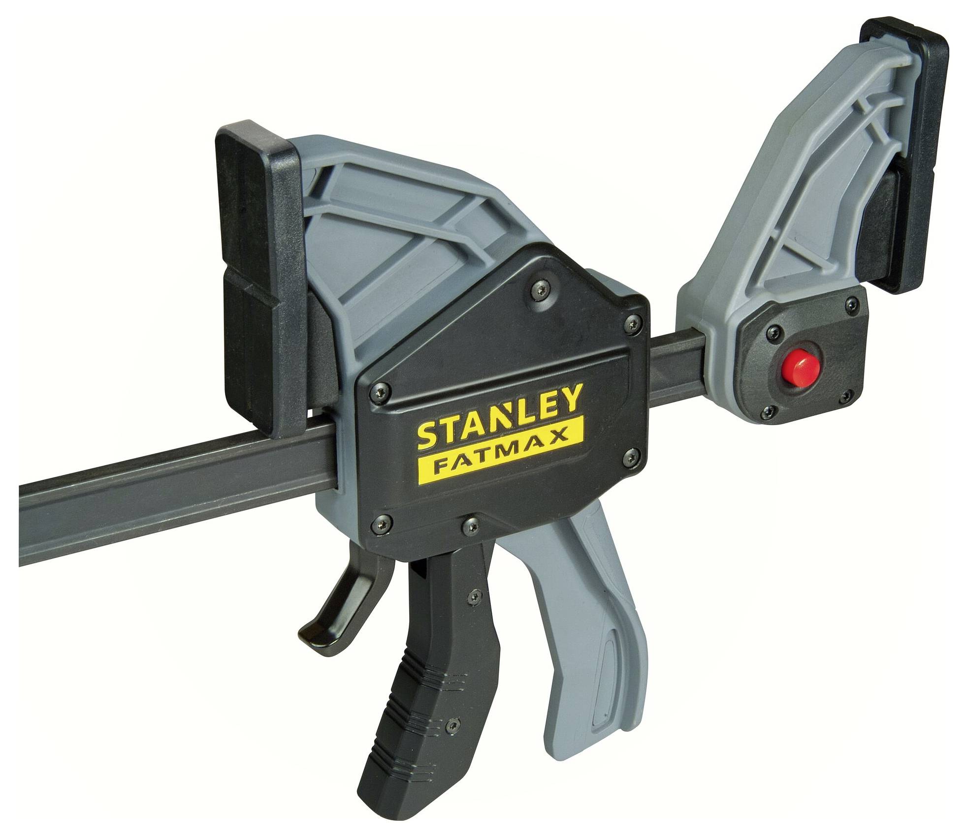 Stanley FatMax Quick-Release G-Clamp with black handle and red button, suitable for holding workpieces during work.