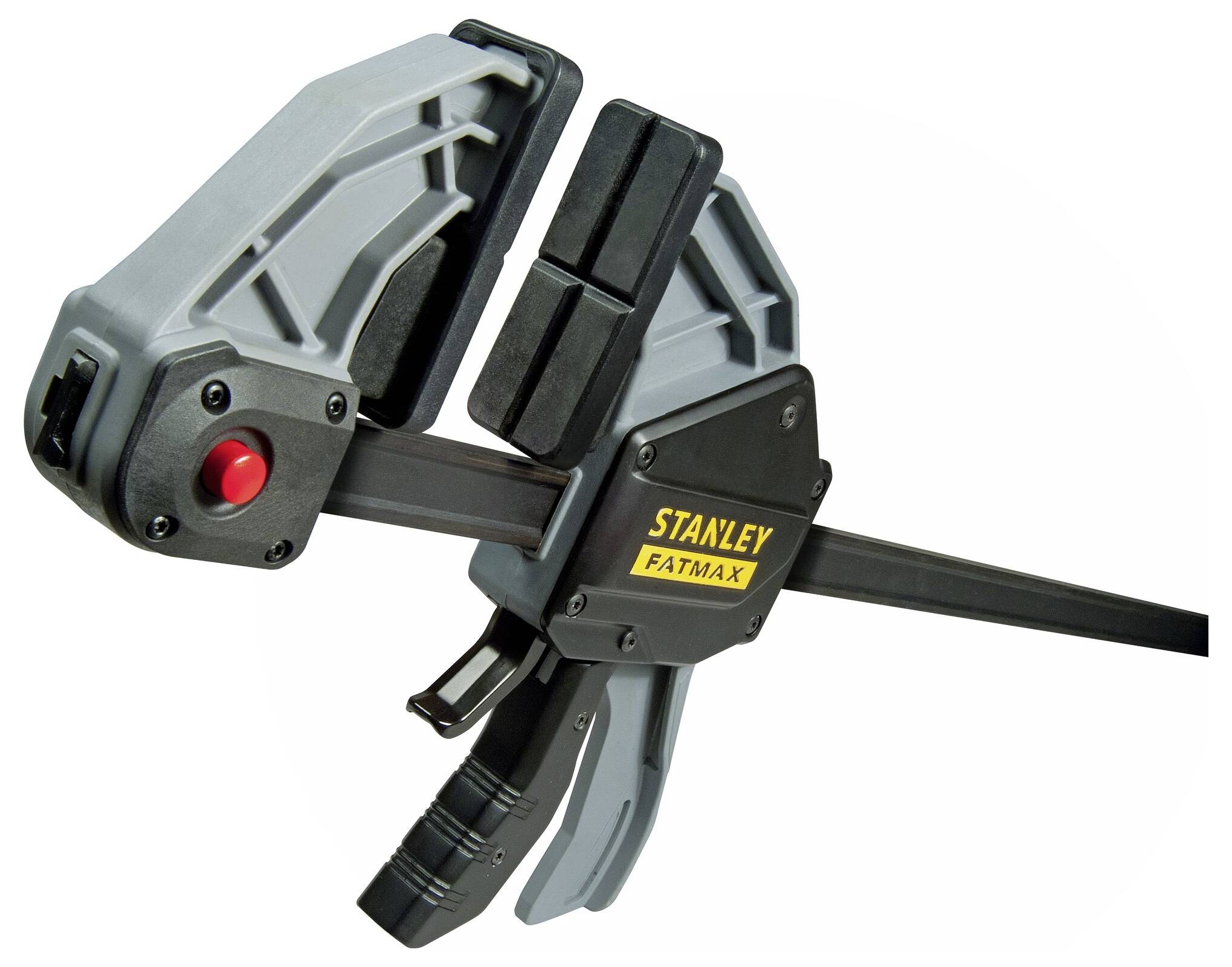 A grey Stanley Fatmax clamp with a black, non-slip handle. It has a red button and is used for securely fixing workpieces.