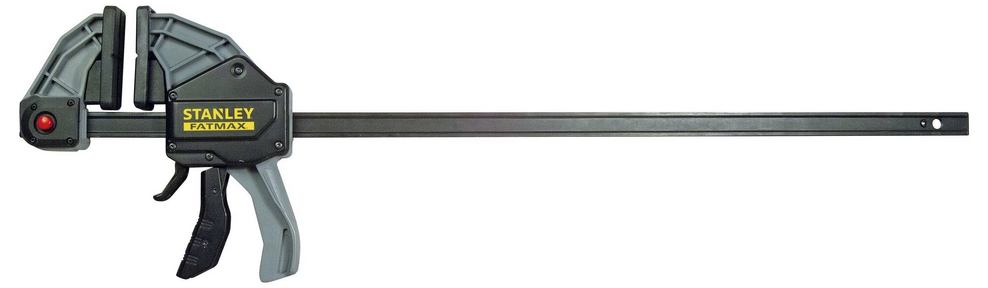 A Stanley Fatmax G-clamp with a grey handle and black rail, suitable for holding workpieces during work.
