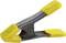 A yellow clip with a grey metal body and yellow handles. It is used to securely fasten materials.