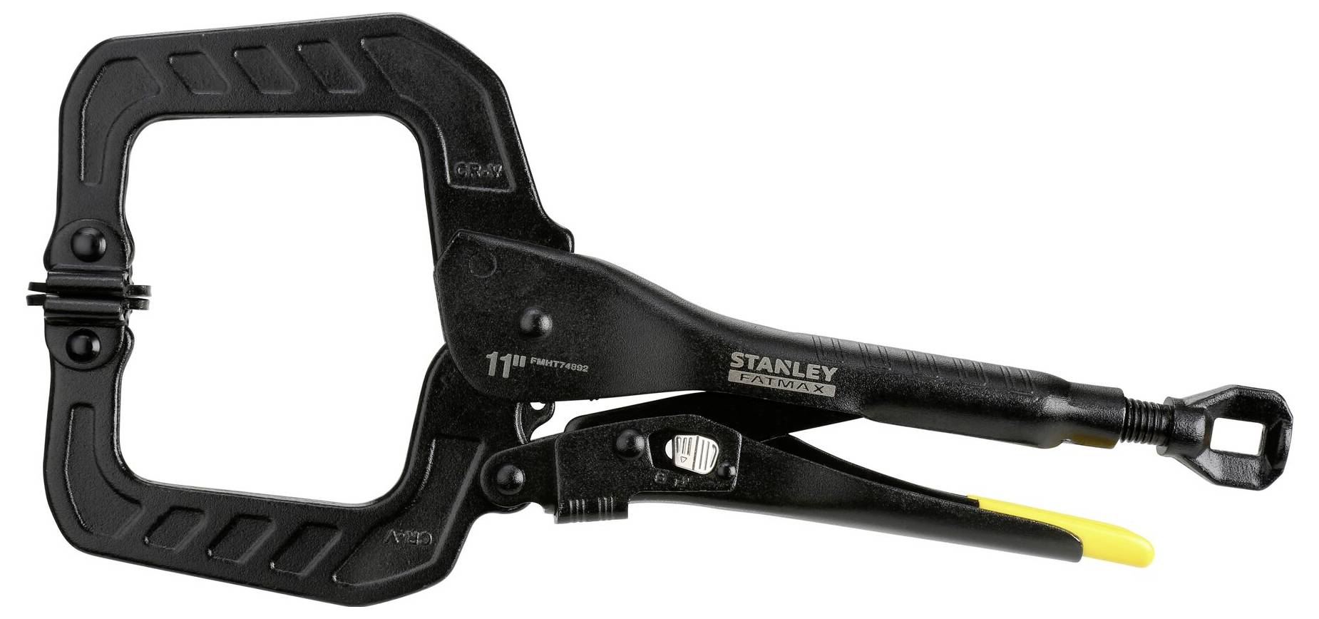 Black 11-inch Stanley grip pliers with adjustable jaws, suitable for clamping metal parts during welding.
