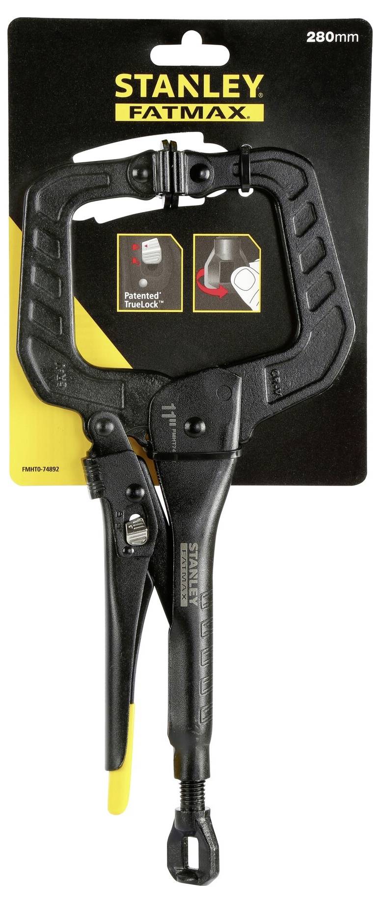 A black locking pliers by Stanley Fatmax, packaged on a card. It has an adjustable pivot joint and a soft grip.