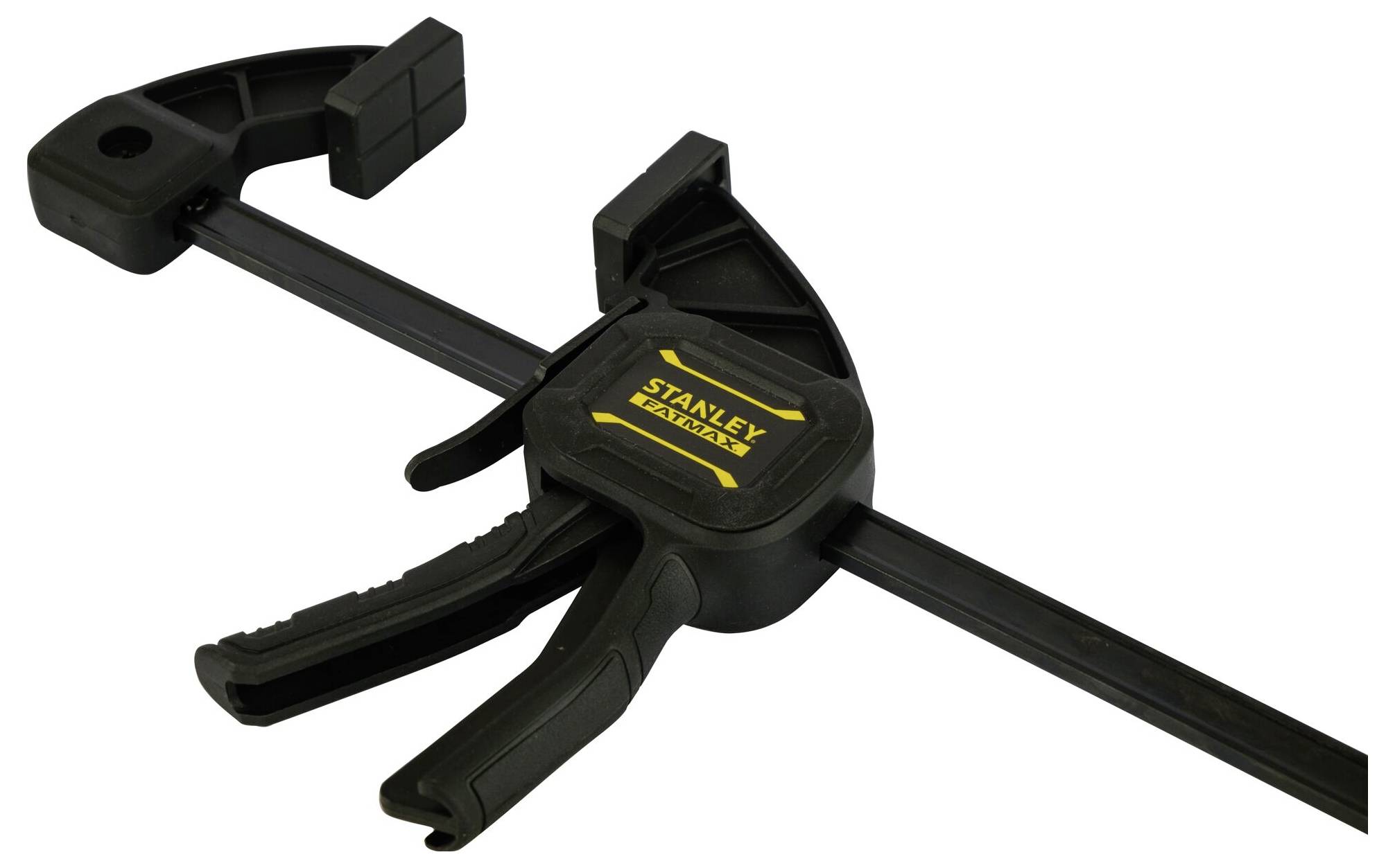 Black plastic G-clamp with yellow 'Stanley' logo. Designed for clamping workpieces, with adjustable clamp arms.