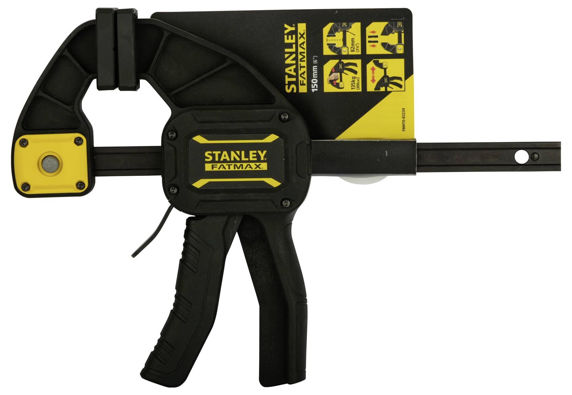 Stanley FatMax G-clamp, black and yellow design, suitable for workshop tasks, with operating handle and metal bar.