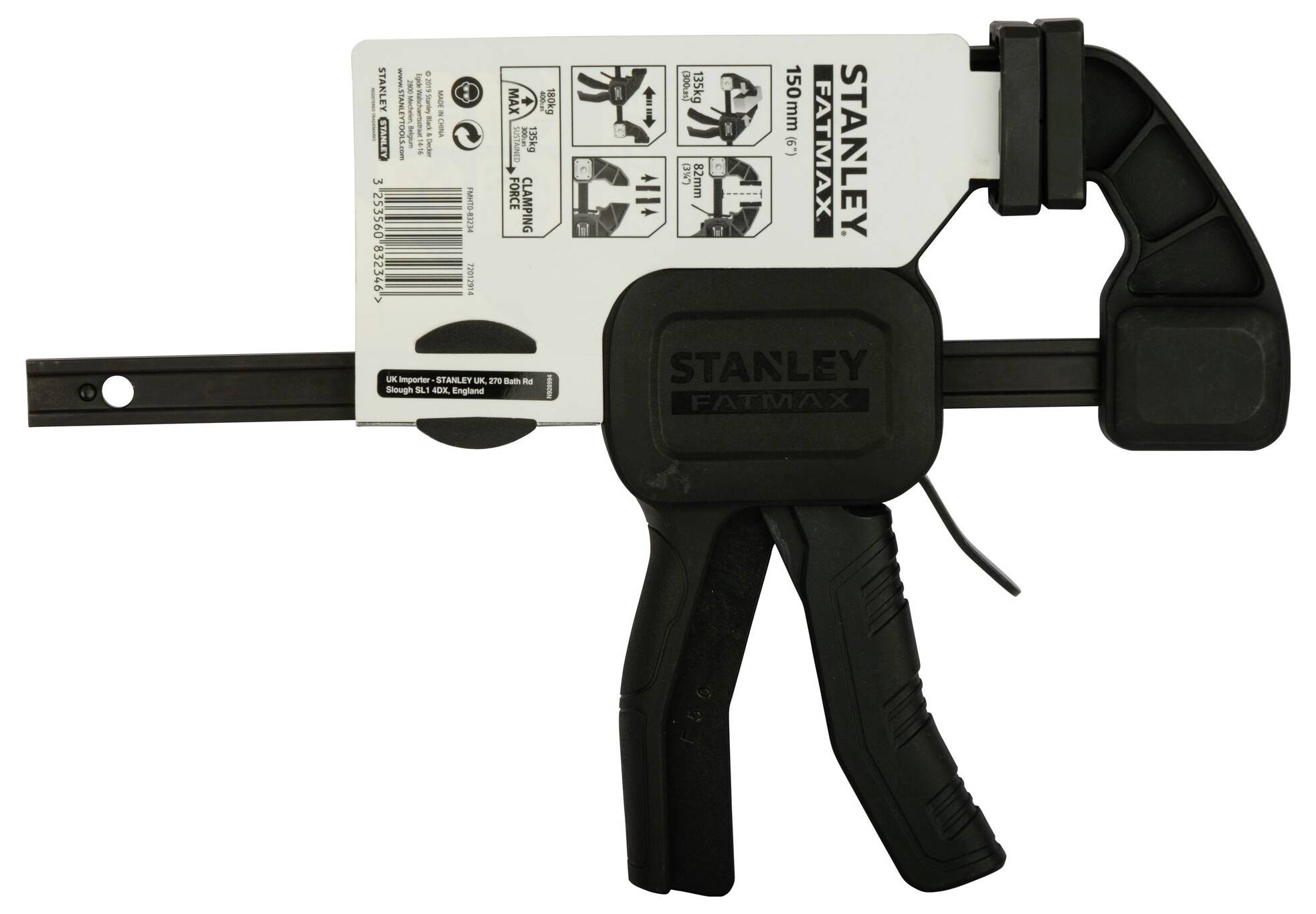 A Stanley Fatmax black hand clamp with 150 mm span. Suitable for securely fixing workpieces.