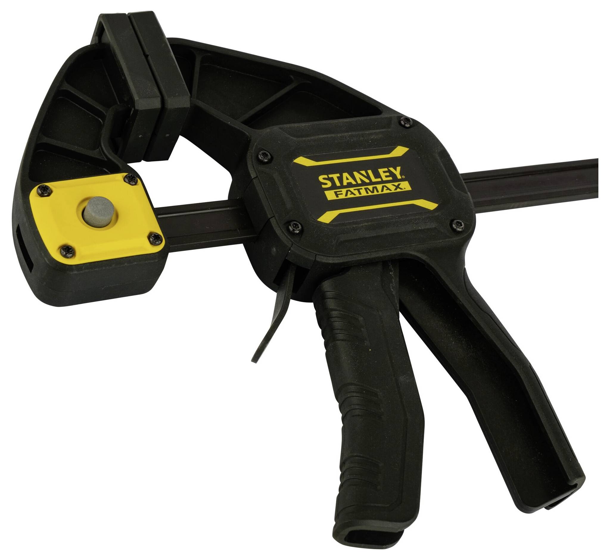 A black clamp with yellow accents and a 'Stanley Fatmax' inscription, suitable for securing workpieces during construction projects.