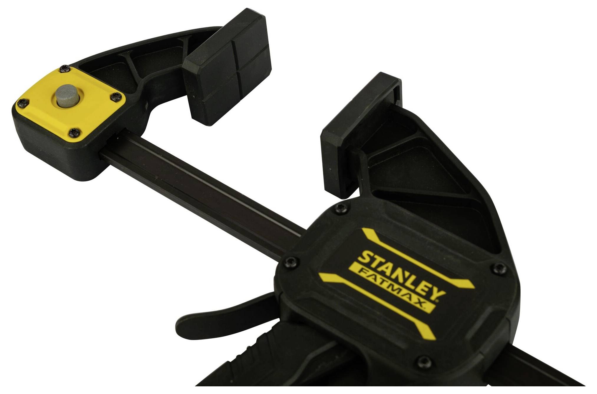 Stanley Fatmax quick-grip clamp with yellow and black handle, suitable for woodworking and metalworking.
