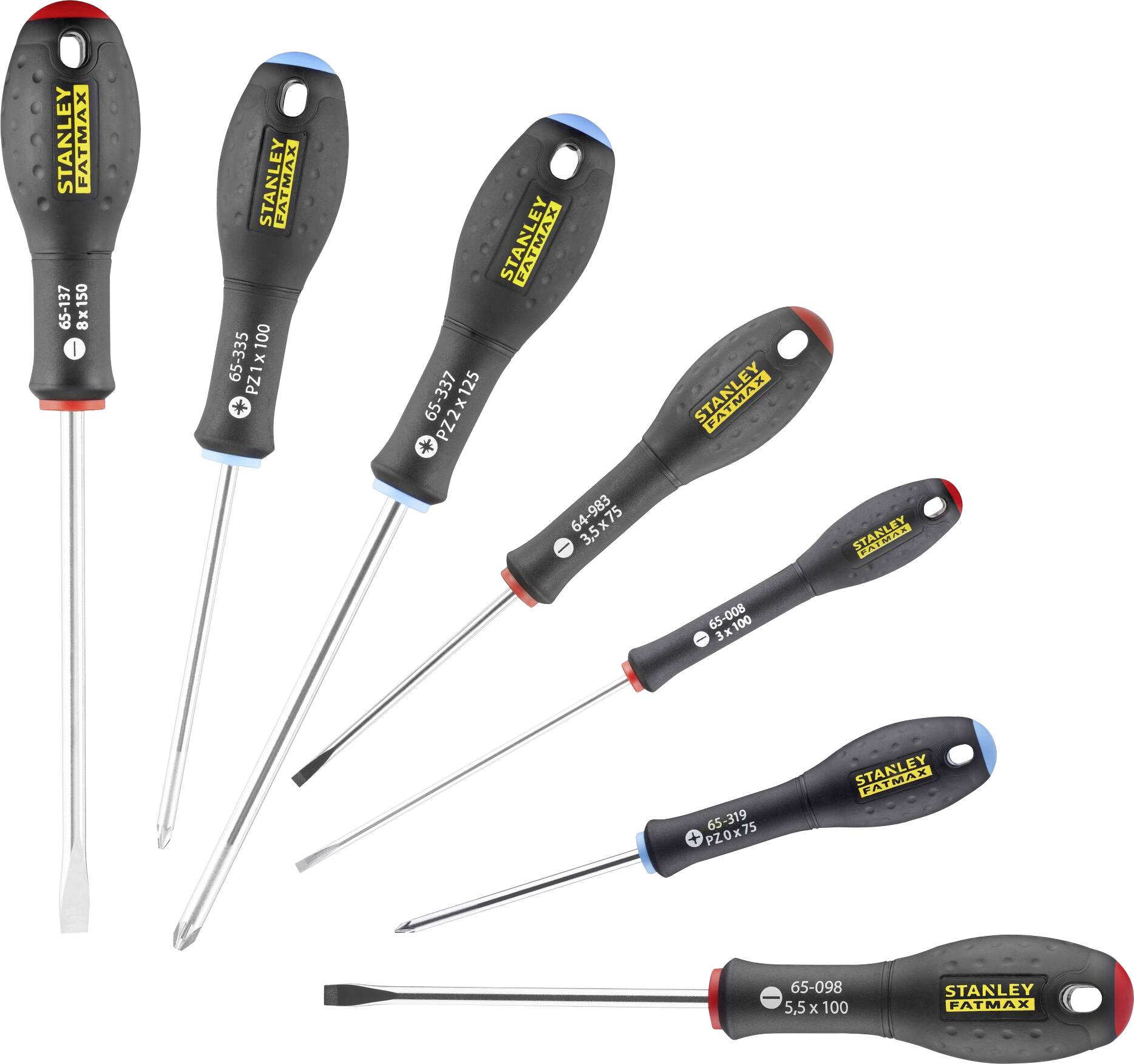 A set of seven screwdrivers, including flathead and Phillips head models, with ergonomic handles and brand markings.