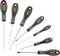 A set of seven screwdrivers, including flathead and Phillips head models, with ergonomic handles and brand markings.