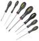Seven-piece screwdriver set with different blade types, each with ergonomic, black handles and markings.