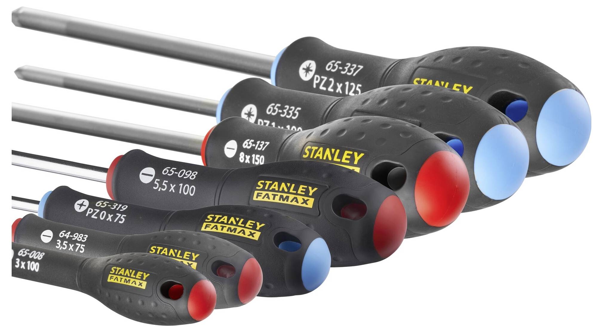 A set of six screwdrivers with different handles and sizes, each marked with 'STANLEY FATMAX'.