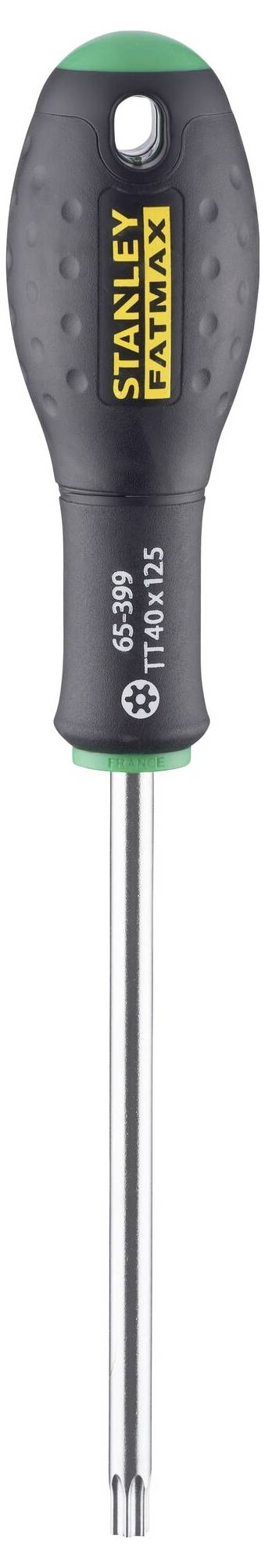 Screwdriver with black handle and metal tip. Brand 'STANLEY', model 'FATMAX'. Suitable for Torx screws size T20.