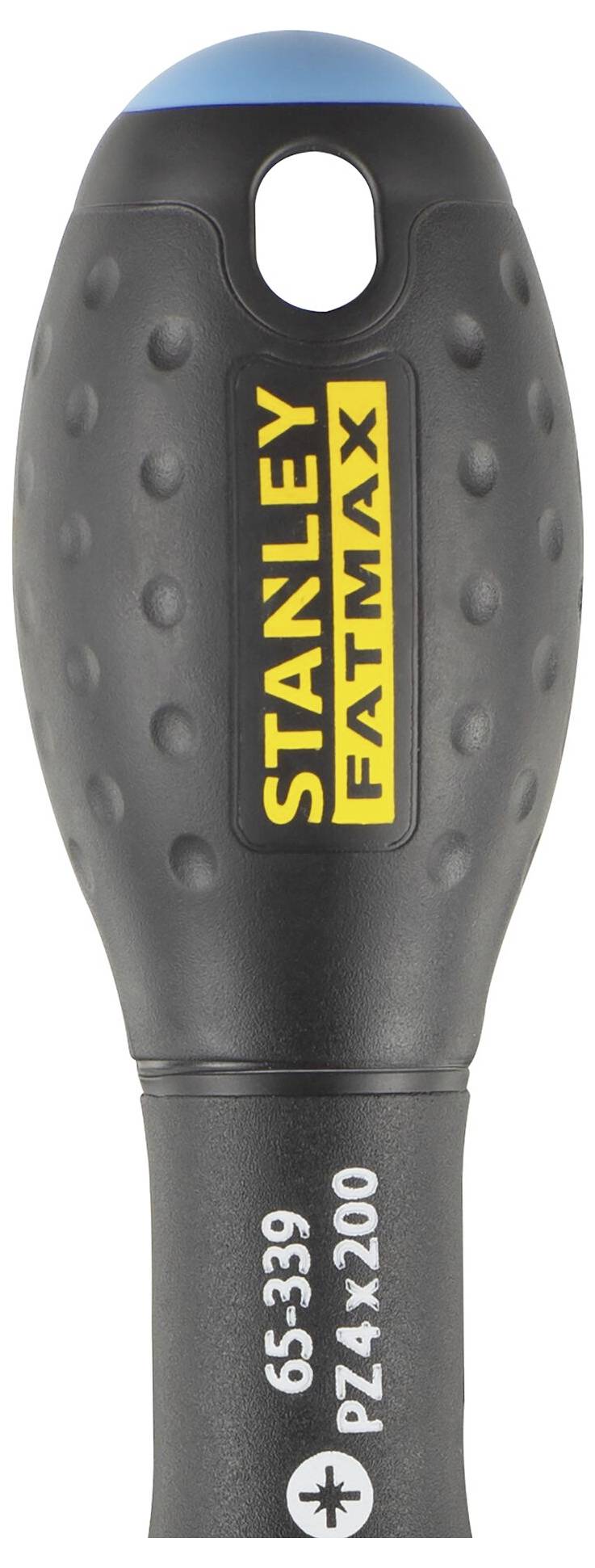 Screwdriver with a black handle and yellow 'Stanley Fatmax' inscription, blue cap on top, model number '65-339 PZ4 x 200'.