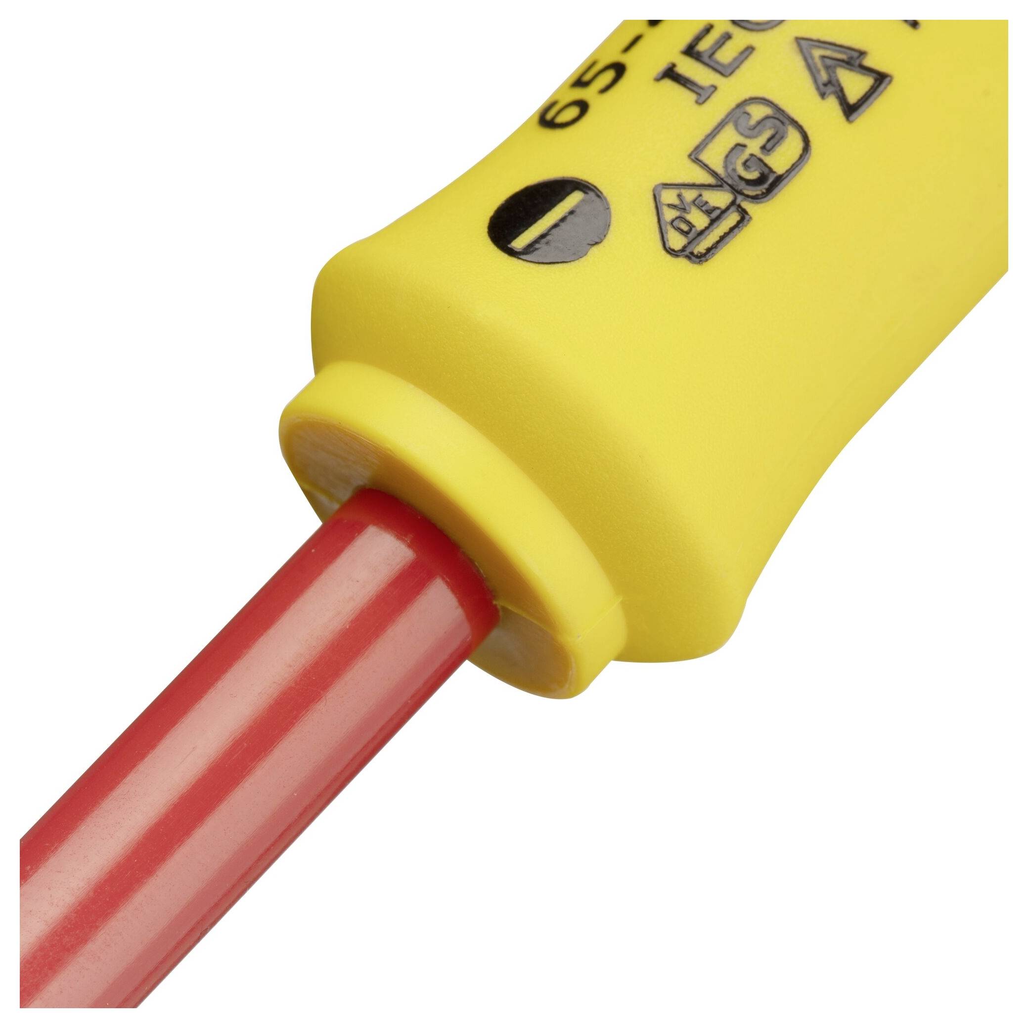 Yellow contact pin of an electrical test probe with a red connection. Markings and symbols for safety standards on the handle.